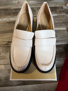 Michael Kors White Leather Penny Loafers with Black Sole